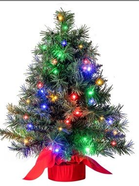 Green Mini Holiday Tree with Multicolor Lights and Red Fabric Base